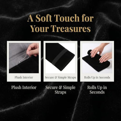 jojofuny Velvet Jewelry Pouch for Traveling Roll up Bag Multiple Independent Compartments, Soft Velvet Protection and Rollup Structure, Jewelry Organizer for Necklaces and Earrings