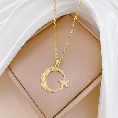Dtja Round CZ Moon Star Pendant Necklace for Women 14K Gold Plated Stainless Steel Dainty Crystal Crescent Celestial Charms Adjustable Chain Choker Necklaces Cute Birthday Holiday Jewelry Gift 18"