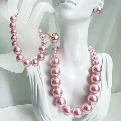 Prom Jewelry Set for Women Pearl Jewelry Sets Pearls Necklace Earrings Bracelet Ring Sets Faux Pearls Bridesmaid Bridal Wedding Prom Outfits Jewelry Sets - color: Pink