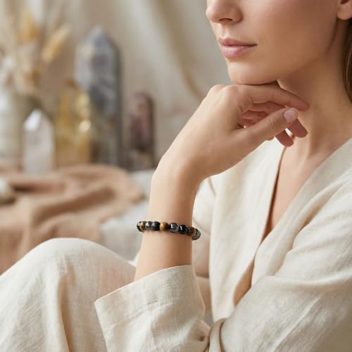Bivei Protection Crystal Healing Bracelet | 8MM Strength Bracelet Spiritual Stretch Beaded Jewelry for Women Men Gift - color: Triple Protection, size: Large 8-8.27 inch