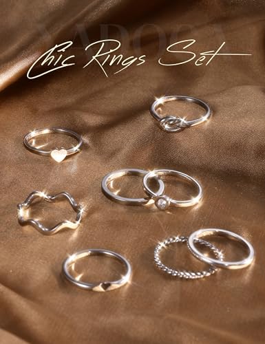 YADOCA Stainless Steel Stackable Rings for Women Non Tarnish Silver Ring | 8pcs 2MM Thin Stacking Thumb Rings 14K Gold Plated Knuckle Statement Band Ring Set Simple Heart Knot Size 5-11 - color: Silver