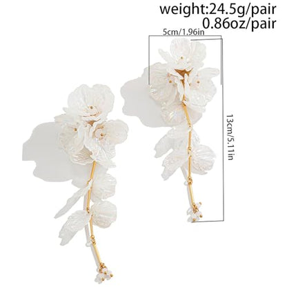 Fabric Flower Earrings for Women Colorful Long Tassel Floral Drop Earrings Fashion Boho Exaggerated Statement Beach Party Jewelry - color: acrylic red