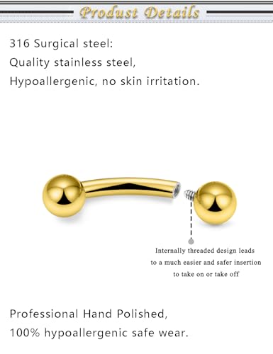 Internally Threaded Eyebrow Piercing Jewelry Surgical Steel Tiny Eyebrow Rings Vertical Labret Lip Jewelry Small Ear Rook Earring for Women Men 18g 16g 14g Plus Piercing Ball Grabber Tool - color: goldtone, size: 16g,ball end