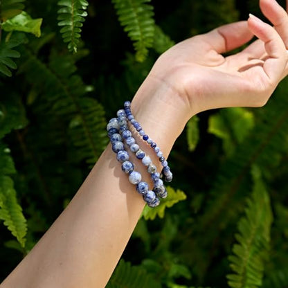 Bivei 8mm Beaded Bracelets for Women Handmade Semi Precious Natural Stone Stretch Elastic Jewelry Yoga Protection Gifts - color: Blue Spotted Jasper-Calm Flow, size: Medium 6.8-7.3 inch