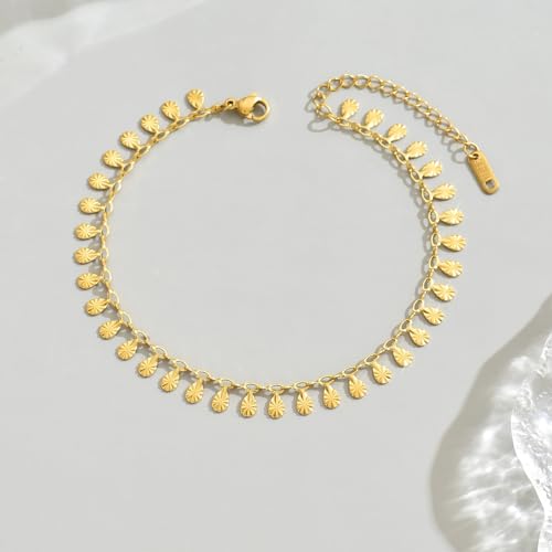 18K Gold Plated Ankle Bracelets for Women Dainty Star Coin Teardrop Square Tassel Anklets Cute Dangle Foot Chain Stainless Steel Beach Foot Jewelry - style: Textured Drop Tassel-Gold