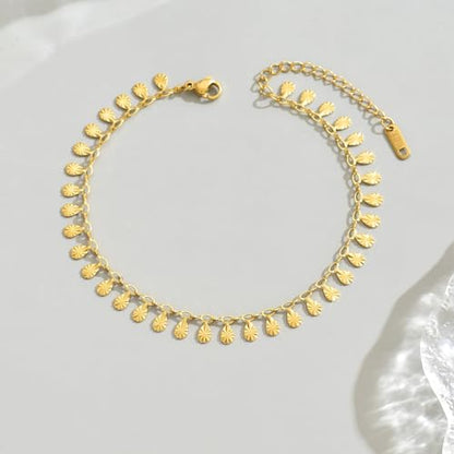 18K Gold Plated Ankle Bracelets for Women Dainty Star Coin Teardrop Square Tassel Anklets Cute Dangle Foot Chain Stainless Steel Beach Foot Jewelry - style: Textured Drop Tassel-Gold
