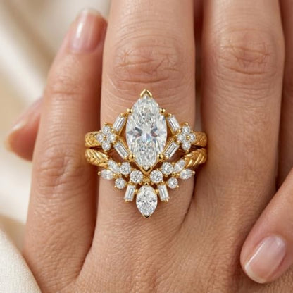 1-3CT Marquise Lab Grown Diamond Vintage Leaf Bridal Ring Set | IGI Lab Grown Diamond Art Deco Olive Leaf Stackable Ring Set, Wedding Gift for Bride Proposal Anniversary