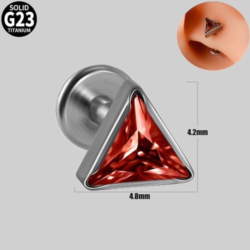 16G Triangle Cubic Zirconia Cartilage Stud Earrings for Women Men G23 Titanium Conch Helix Tragus Studs Earrings Lip Studs Rings Labret Monroe Medusa Piercing Jewelry - color: Red