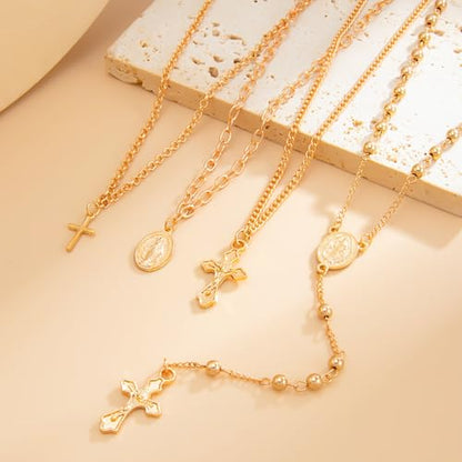 Layered Cross Necklace Set for Women, Layered Choker Necklaces Trendy Jewelry, Colorful Enamel Beaded Y-Shaped Lariat Necklace, Boho Multilayer Cross Necklace for Party and Daily Wear - color: Gold-05