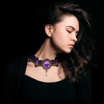 CSIYANJRY99 Gothic Choker Necklace for Women Halloween Red Crystal Vampire Choker Steampunk Lace Choker Witch Costume Accessories - style: Purple