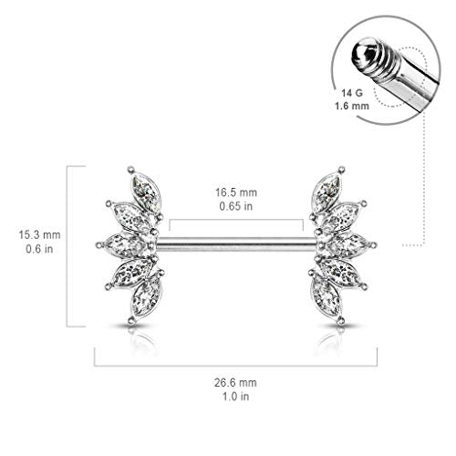 Pierced Owl - 14GA 316L Stainless Steel Crystal Marquise Fan Ends Nipple Barbells, Sold as A Pair - style: Clear