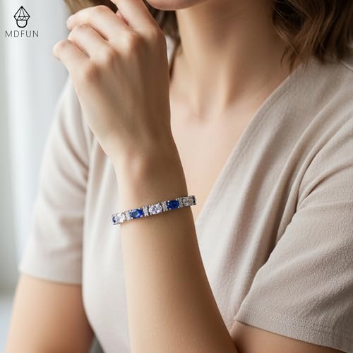MDFUN 18K White/Yellow Gold Plated Green/Blue 5 * 7MM Oval 5A+ Cubic Zirconia Tennis Bracelet for Women Birthstone Jewelry Gift 6.5-8.5 inch - color: 18K White Gold -Blue