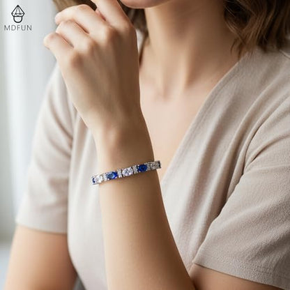 MDFUN 18K White/Yellow Gold Plated Green/Blue 5 * 7MM Oval 5A+ Cubic Zirconia Tennis Bracelet for Women Birthstone Jewelry Gift 6.5-8.5 inch - color: 18K White Gold -Blue