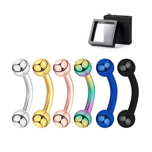 Surgical Stainless Steel Curved Barbell Eyebrow Tragus Helix Ear Belly Lip Ring Body Piercing Jewelry Set - Silver, Gold, Rose Gold, Multicolor, Blue, Black - Stylish Eyebrow Rings for Women, Vertical Labret Lip Piercing Included - size: 6 mixed colors-ba