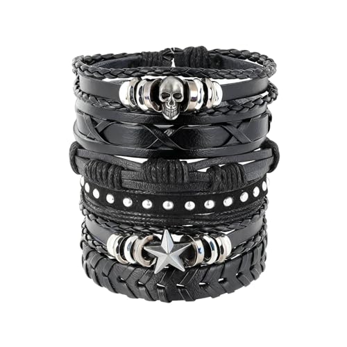 MILAKOO 6Pcs Punk Leather Bracelets for Women Men Braided PU Wristband Skull Skeleton Accessories - color: G: Black