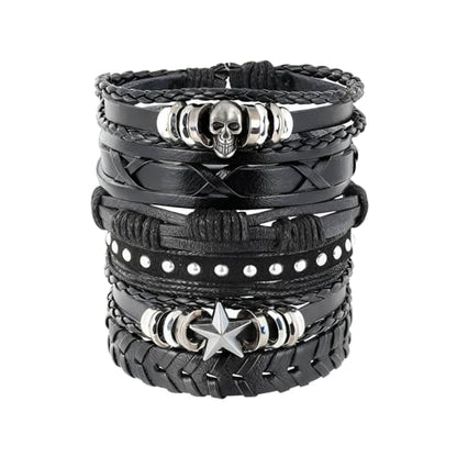 MILAKOO 6Pcs Punk Leather Bracelets for Women Men Braided PU Wristband Skull Skeleton Accessories - color: G: Black