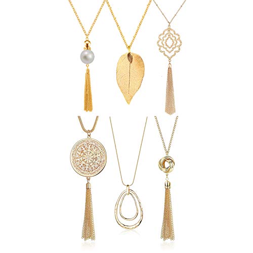 SEVENSTONE 3PCS Long Pendant Necklaces for Women Knot Disk Circle Tassel Statement Sweater Necklace Set - color: Gold-6P