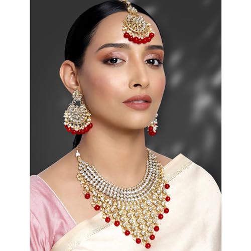 Aheli Elegant Indian Wedding Wear Faux Kundan Studded Choker Necklace with Maang Tikka Set Ethnic Fashion Jewelry for Women Maroon Kundan & Pearl Drop - color: Red 2