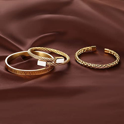 WFYOU 3PCS Stainless Steel Imperial Crown Bracelets for Men Gold Roman Numeral Bangle Bracelet Adjustable Cuff Bracelet Mens Luxury Jewelry Gifts - style: 09:Gold- Square