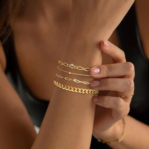 MFRYK Gold/Silver Bracelets For Women,Trendy 14k Gold/Silver Plated lightweight Dainty Chunky Thin Cuban Link Paperclip Chain Tennis Bangle Bracelets Stack Set,Ring Hand Chain Bracelet,Gold Jewelry Gift For Women Fashion Accessories - style: 4Pcs Chunky C