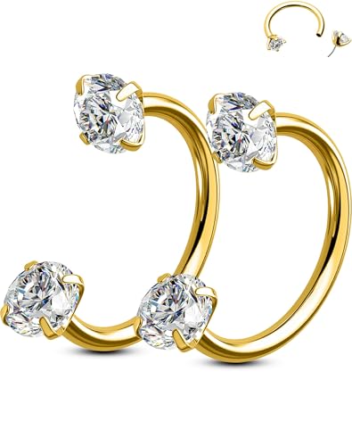 OUFER 2PCS 316L Surgical Steel Horseshoe Nose Rings Hoops, 20G Push Pin Threadless Nose Rings For Women Men, Double Crystal Horseshoe Septum Lip Eyebrow Helix Daith Ear Piercing Jewelry-7mm and 8mm - color: Gold, Clear CZ