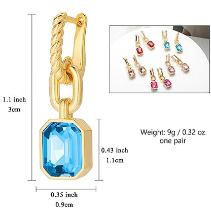 Birthstone Crystal Dangle Drop Earrings, 18K Gold Plated Huggie HoopEarring | Hypoallergenic Earring Jewelry Gifts for Women, Birthdays, anniversaries, weddings - color: Blue-1