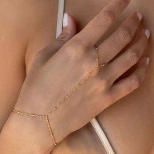 AceFun 1PC Gold Hand Chain Bracelet for Women Rhinestones Crown Pearls Beads Finger Ring Bracelets Trendy Dainty Simple Waterproof Bracelet Fashion Body Jewelry for Ladies - color: Beads
