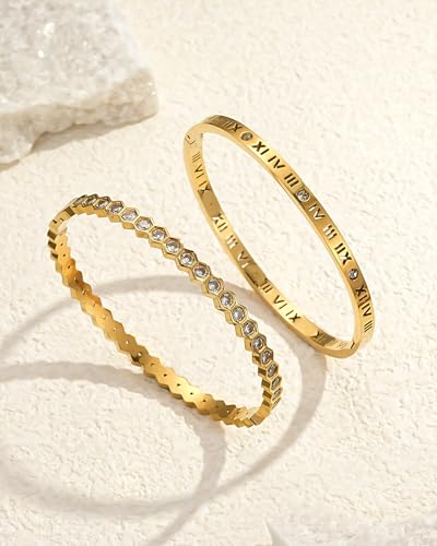 Joo&Rind Gold Bangle Bracelets for Women 18K Gold Plated Stainless Steel Bracelet Oval Hinged Bangles for Small Wrists Non Tarnish Waterproof with Cubic Zirconia Jewelry Gift for Everyday Wear Birthday - color: Zirconia-Edged Bangle-Gold