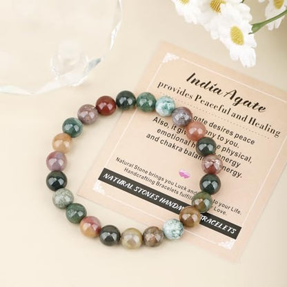 AD Beads Handmade Gemstone Stretch Elastic Bracelet Crystal Healing Reiki Nature's Beauty and Spiritual Essence Unisex (8mm, Indian Agate) - color: Indian Agate, size: 8mm