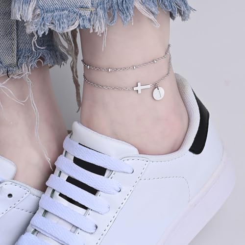 Gold Cross Ankle Bracelets for Women | Anklets for Women Waterproof with Initial Charm (A-Z) | Non Tarnish Summer Beach Jewelry Gifts for Her - color: Silver I