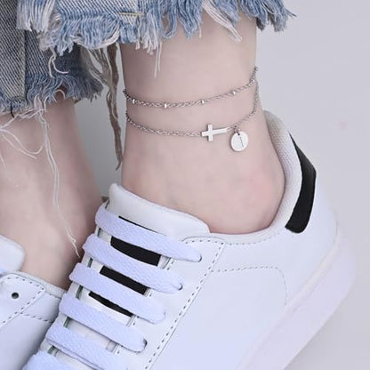 Gold Cross Ankle Bracelets for Women | Anklets for Women Waterproof with Initial Charm (A-Z) | Non Tarnish Summer Beach Jewelry Gifts for Her - color: Silver I