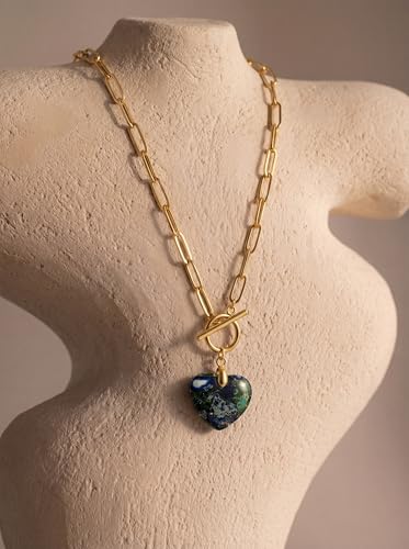 Puff Heart Healing Stone Necklace for Women, 14K Gold Plated Choker Paperclip Stainless Steel Chain, Colorful Natural Stone Boho Necklace Jewelry Gift for Women - color: Blue Stone-Gold