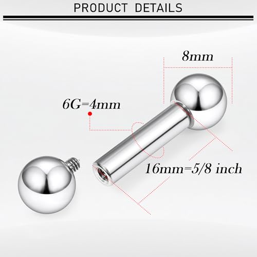 16G-00G Tongue Rings Nipple Piercings Internally Threaded Straight Barbell 316L Surgical Steel Body Piercing Jewelry for Women Men Black silver 12mm 14mm 16mm 19mm Bars Length - color: Silver, size: 6G(4mm)-16mm barbells-8mm Balls