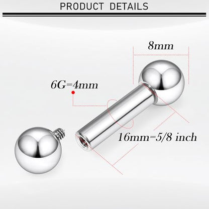 16G-00G Tongue Rings Nipple Piercings Internally Threaded Straight Barbell 316L Surgical Steel Body Piercing Jewelry for Women Men Black silver 12mm 14mm 16mm 19mm Bars Length - color: Silver, size: 6G(4mm)-16mm barbells-8mm Balls