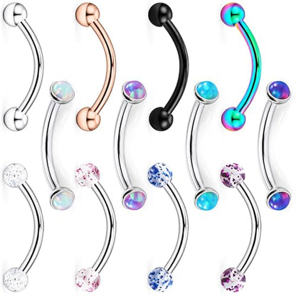 Jenxnjsjo 16g 8/10mm Eyebrow/Rook/Snug/Vertical-Labret/VCH/Snake-Eyes/Anti-Tragus/Cartilage/Daith/Belly-Button/Bridge/Hood/Surface Curved Barbell Piercing Jewelry for Women Men - color: Opal-B / Glitter / Ball, size: 10mm