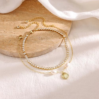 Robaice Anklets for Women, 14K Gold Plated Layered Ankle Bracelets | Waterproof Figaro Link Pearl Anklet, Ankle Bracelets for Women Stackable, Summer Beach Jewelry Gifts Non Tarnish - style: Gold CZ Seashell Anklet