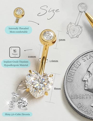 Tungary G23 Titanium Belly Button Rings for Women 14G Internally Threaded | Hypoallergenic Long Navel Piercing Jewelry, 3/8" Implant Grade Dangle Belly Button Piercing, 5A CZ, with Vacuum PVD Finish - color: Heart: 14K Gold Plated