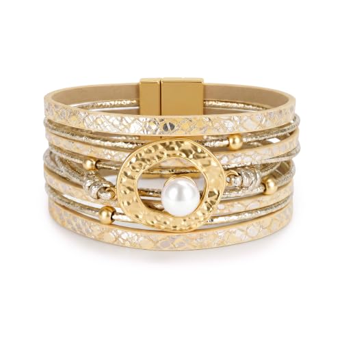 Edoneery Leather Wrap Bracelets for Women, Boho Layered Cuff Bangle | Multi-layer leather cuff, daily wear, stackable bangle, easy on-off, western jewelry gifts for women - color: Gold-4