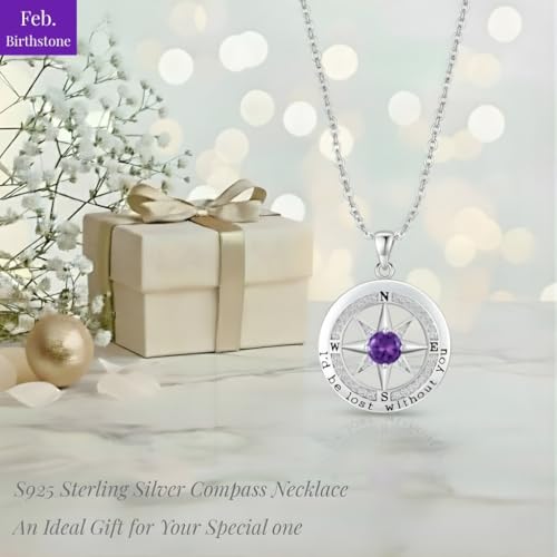 Compass Necklace for Women Wife Girlfriend Mom Daughter Gifts | S925 Silver Jewelry For Anniversary 18K Rose Gold Gifts For Birthday Christmas Mothers Valentines Day 12 Birthstones - style: 02-February-Silver