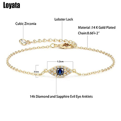 LOYATA Dainty Ankle Bracelet,14K Gold Plated Tiny Bead Anklet Dainty White Cubic Zirconia Cross Tassel Foot Chain Cute Lucky Moon Evil Eye Foot Jewelry Boho Anklets for Women - color: Evil Eye 2