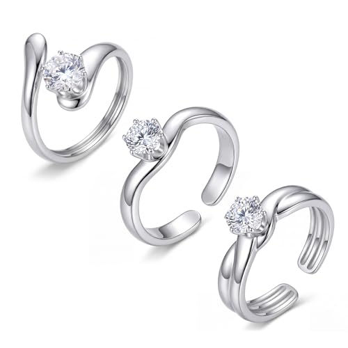 SAVORI Stainless Steel Round CZ Adjustable Ring Set for Women, 3 Styles (Closed Band, Open Bypass, Double Open Band), Hypoallergenic Solitaire Stackable Jewelry Gifts