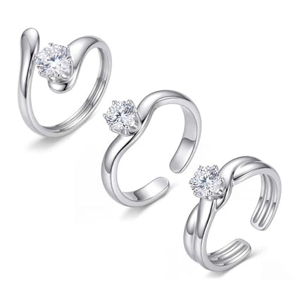 SAVORI Stainless Steel Round CZ Adjustable Ring Set for Women, 3 Styles (Closed Band, Open Bypass, Double Open Band), Hypoallergenic Solitaire Stackable Jewelry Gifts