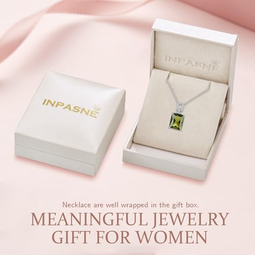 Emerald Cut Birthstone Necklace for Women 925 Sterling Silver | Baguette Birthstone Pendant Necklace, Jewelry for Mom Wife - color: Olive Green