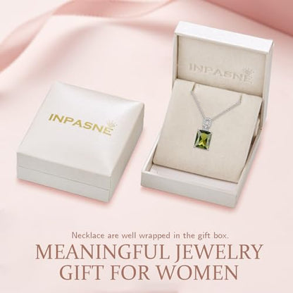 Emerald Cut Birthstone Necklace for Women 925 Sterling Silver | Baguette Birthstone Pendant Necklace, Jewelry for Mom Wife - color: Olive Green