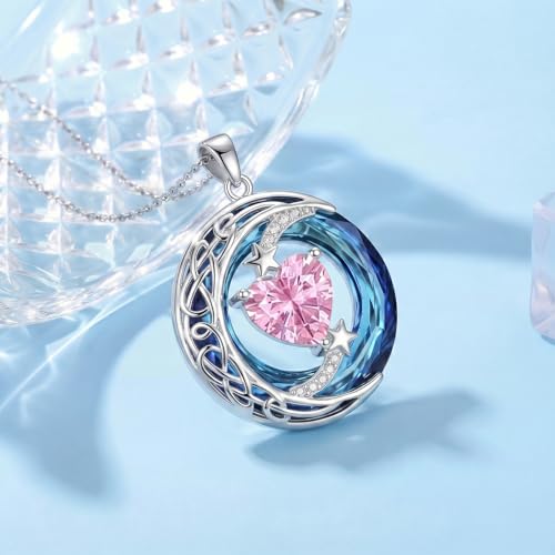 Birthstone Necklace for Women Crystal Moon and Star Pendant White Gold Celtic Moon Jewelry Birthday Graduation Gifts for Wife Her - style: Moon-10
