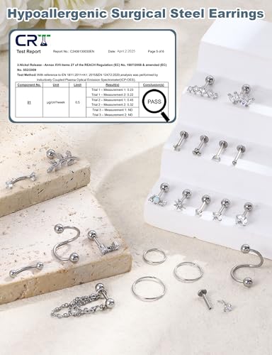 ORAZIO 16 Gauge Cartilage Earrings for Women-Hypoallergenic Surgical Stainless Steel Tragus Earring Set Threadless Flat Back Earrings Push in Nose Studs Daith Conch Tragus Helix Piercing Jewelry - color: Silver Tone