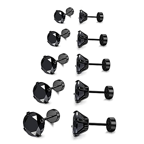 Stud Earrings Set 316L Stainless Steel Hypoallergenic Earrings for Women Men Earrings 3-7mm Cubic Zirconia Earrings Tragus Cartilage Helix Lobel Ear Studs 20G,Pack of 5 Pairs - color: C02:5Pairs(BLACK)