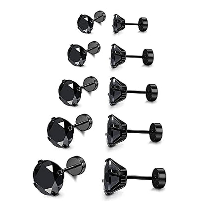 Stud Earrings Set 316L Stainless Steel Hypoallergenic Earrings for Women Men Earrings 3-7mm Cubic Zirconia Earrings Tragus Cartilage Helix Lobel Ear Studs 20G,Pack of 5 Pairs - color: C02:5Pairs(BLACK)