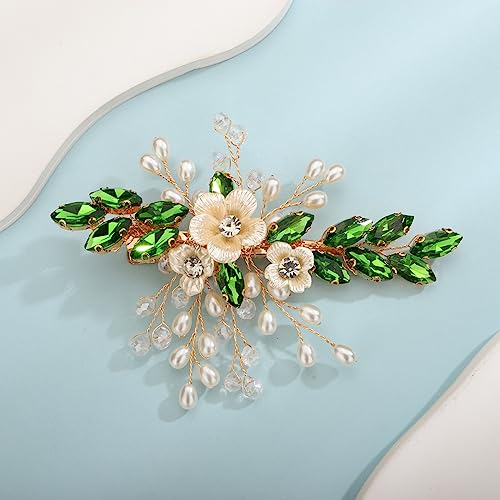 Xerling Green Rhinestones Emerald Crystal Flower Hair Barrettes Clip Boho Bridal Pearl Hair Jewelry Accessories for Women Wedding Floral Headpieces (Emerald) - color: Emerald