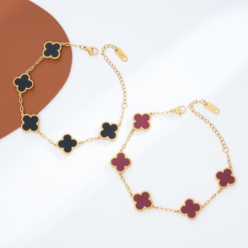 Waterproof Four-Leaf Clover Bracelet,Adjustable Link Double Sided Jewelry, Lovely Fashion Jewelry Gift for Women - color: Black Bracelet + Red Bracelet